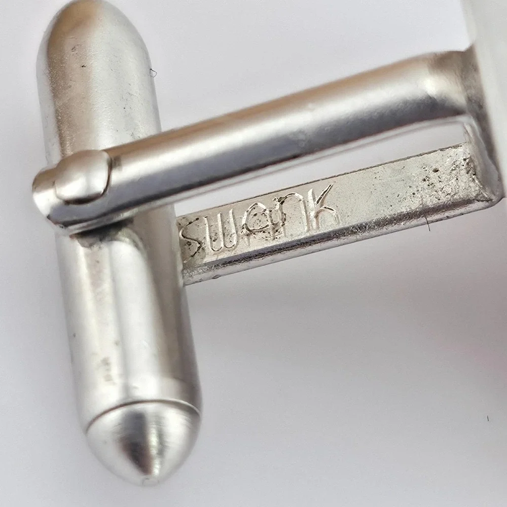 Vintage SWANK Cufflinks Clear Rhinestone Wavy Border Stainless Steel Bullet Back